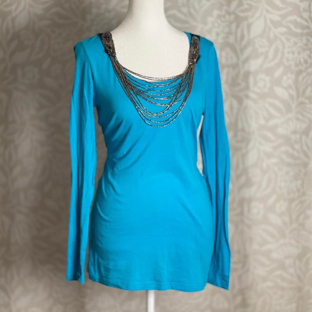 Rock 47 by Wrangler Teal Long Sleeve Top Western Glam‎ Beaded Necklace Detail M